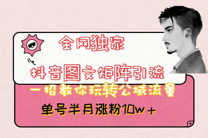 全网独家抖音图文矩阵引流，一招教你玩转公域流量，单号半月涨粉10w+【揭秘】网赚库-项目库-轻创网-中创网-福缘网-冒泡网-资源之家-魔方项目库网赚库