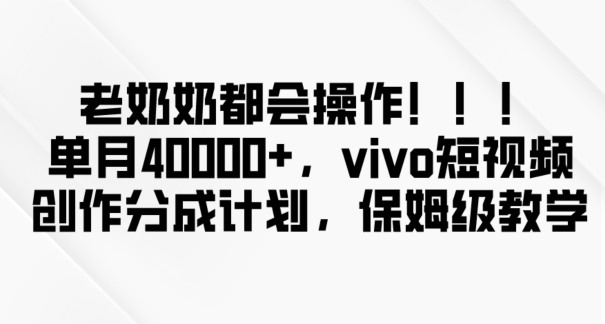 老奶奶都会操作，新平台无脑操作，单月40000+，vivo短视频创作分成计划【揭秘】网赚库-项目库-轻创网-中创网-福缘网-冒泡网-资源之家-魔方项目库网赚库