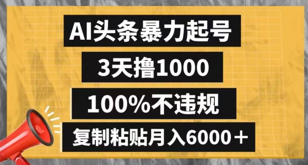 AI头条暴力起号，3天撸1000,100%不违规，复制粘贴月入6000＋【揭秘】网赚库-项目库-轻创网-中创网-福缘网-冒泡网-资源之家-魔方项目库网赚库