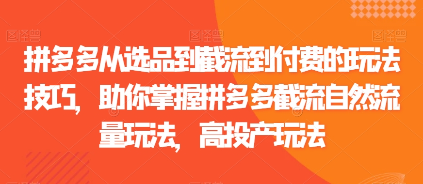 拼多多从选品到截流到付费的玩法技巧，助你掌握拼多多截流自然流量玩法，高投产玩法网赚库-项目库-轻创网-中创网-福缘网-冒泡网-资源之家-魔方项目库网赚库