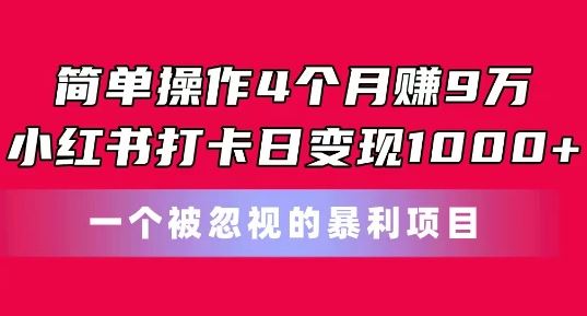 简单操作4个月赚9w，小红书打卡日变现1k，一个被忽视的暴力项目【揭秘】网赚库-项目库-轻创网-中创网-福缘网-冒泡网-资源之家-魔方项目库网赚库