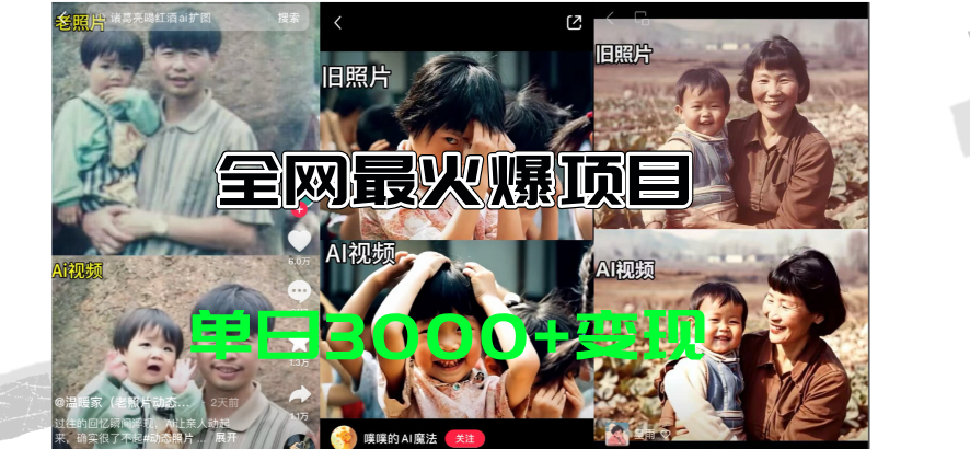 （11546期）全网爆火的AI让老照片动起来教程，蹭热点日赚3000+，内含免费工具一键…网赚库-项目库-轻创网-中创网-福缘网-冒泡网-资源之家-魔方项目库网赚库