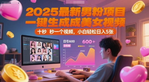 2025最新男粉项目，一键生成美女视频，日引600+色粉 十秒一个视频，小白轻松日入5张【揭秘】网赚库-项目库-轻创网-中创网-福缘网-冒泡网-资源之家-魔方项目库网赚库