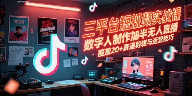 三平台短视频实战课，数字人制作加半无人直播，覆盖20+赛道剪辑与运营技巧网赚库-项目库-轻创网-中创网-福缘网-冒泡网-资源之家-魔方项目库网赚库